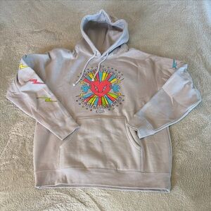NEW The Revivalists Beige Red Heart Blue Birds Lightening Bolts Hoodie Large